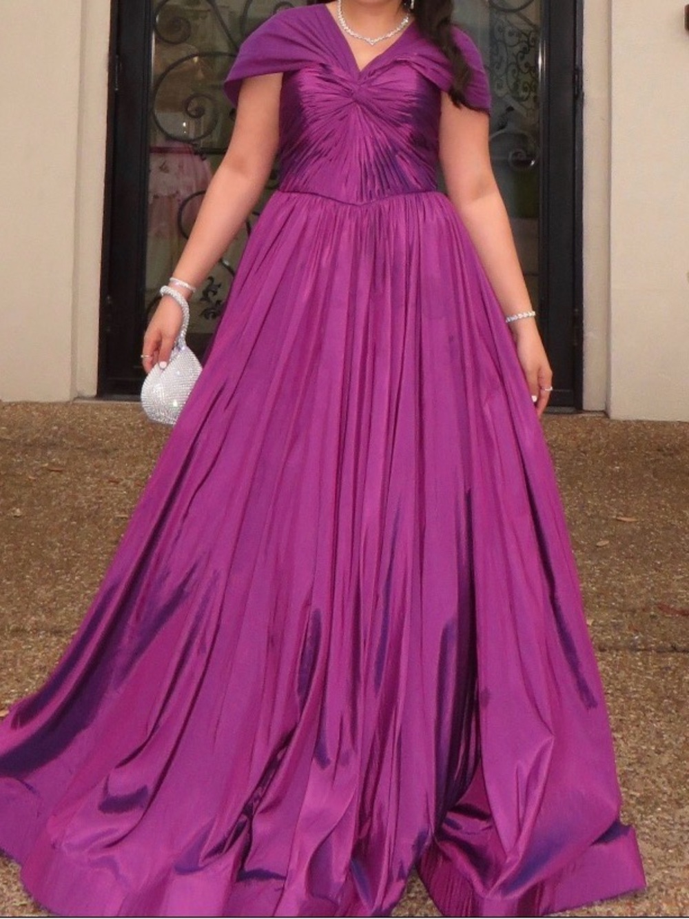 Formal Purple Off-Shoulder Prom Gown with Draped Bodice